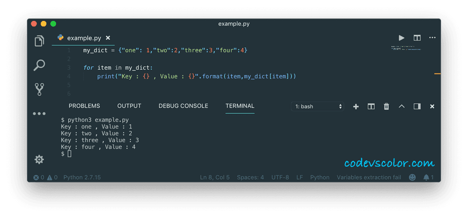 Python printing dictionary keys and values