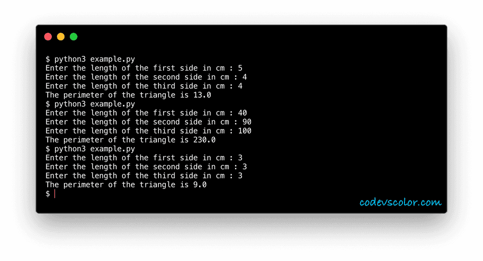 Python program to find out the perimeter of a triangle - CodeVsColor
