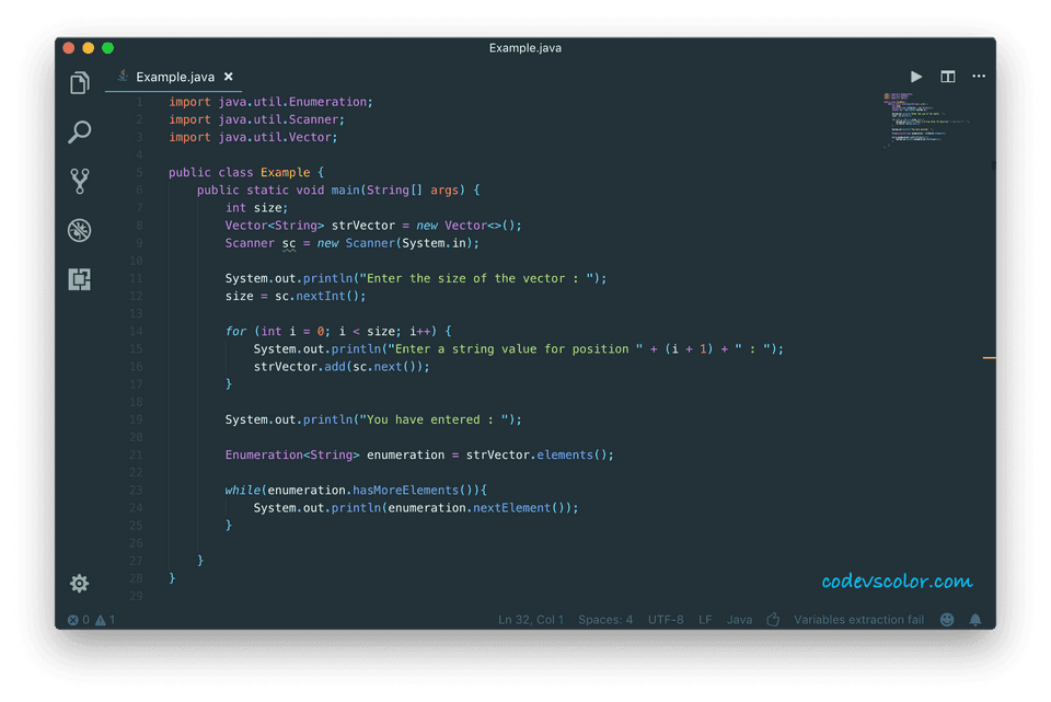 Java program to print all contents of a vector using enumeration