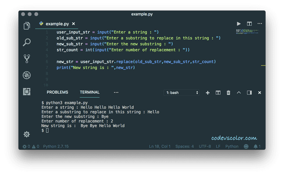 Python program to replace single or multiple character,substring in a string CodeVsColor