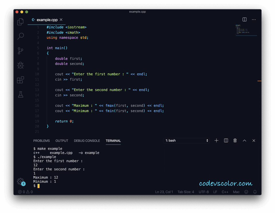 C++ program to find the maximum and minimum of two numbers using cmath ...