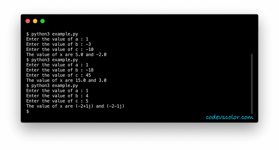 Python example program to solve the quadratic equation - CodeVsColor