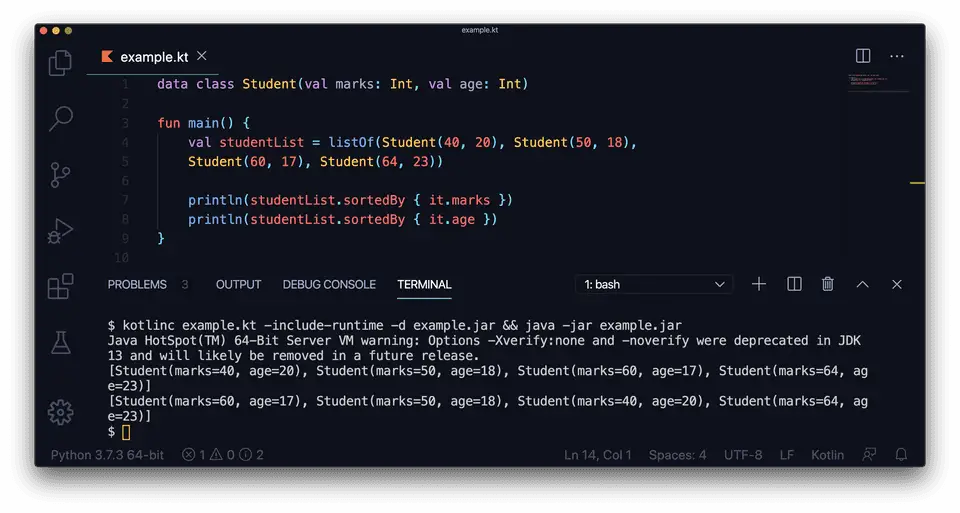 Kotlin sortedBy example