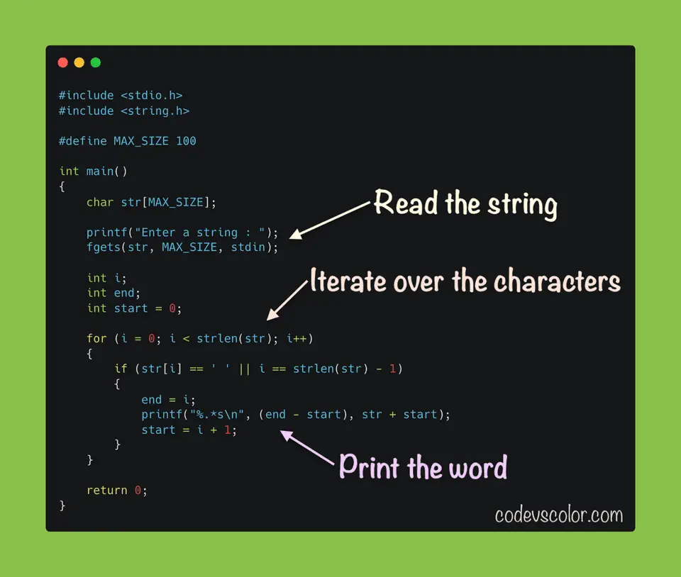 C program example to print words of a string in different lines