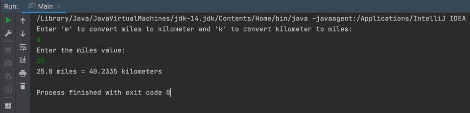 Java miles to kilometers example