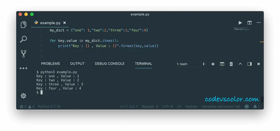 python print dictionary using items method