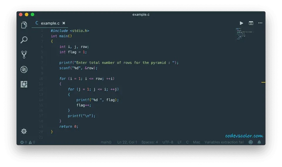 c print half triangle or pyramid with increment digits