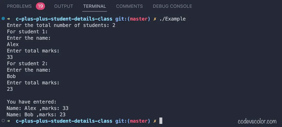 C++ print student details with class