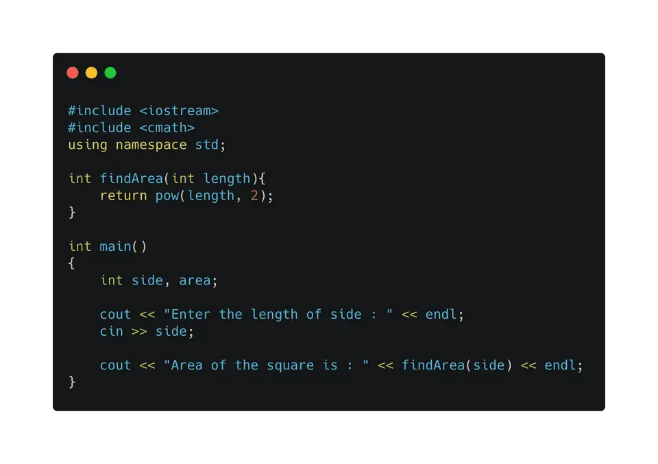 C++ program to find the area of a square using pow