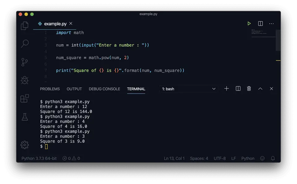 Python find square math pow