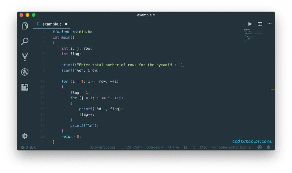 c half pyramid with increment digits