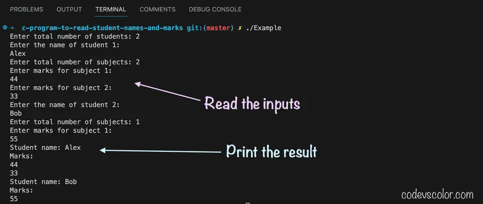 C++ program to read student names and marks