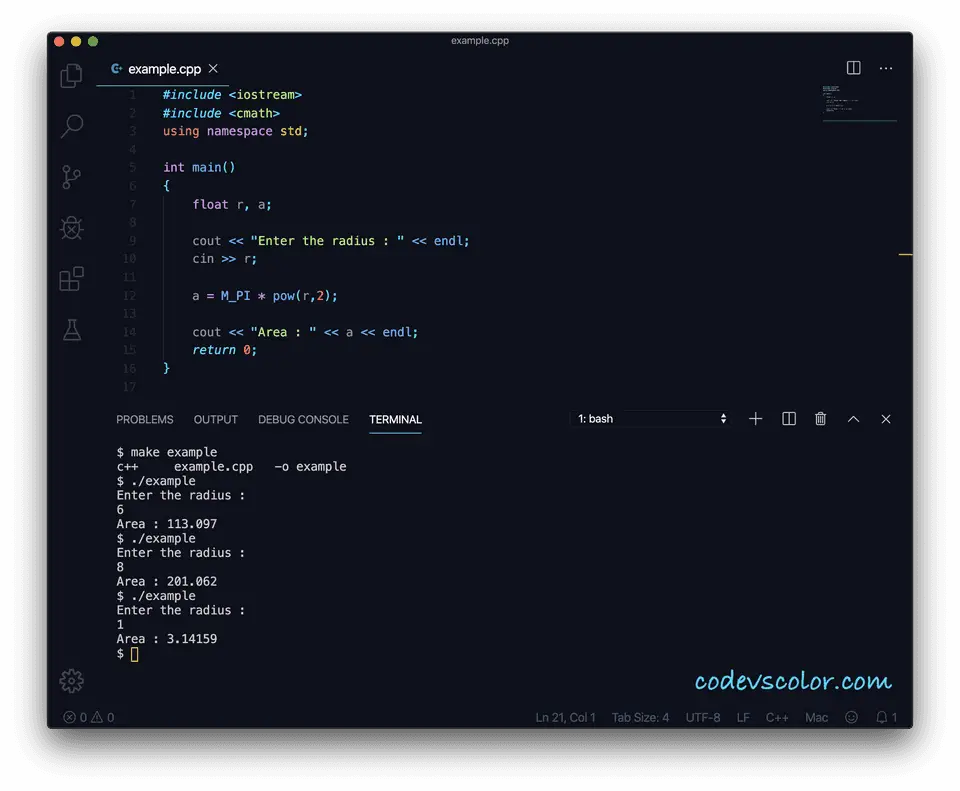 C++ circle area cmath