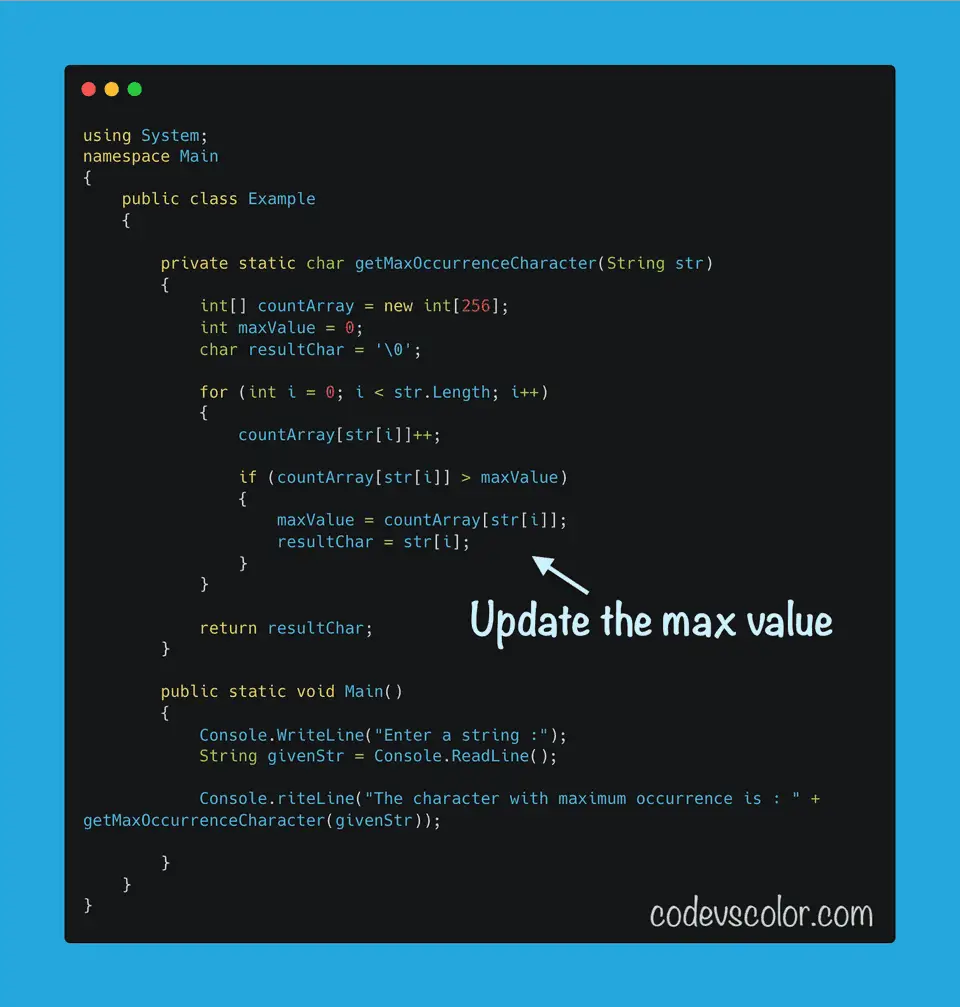 C# find the maximum occurring character in a string