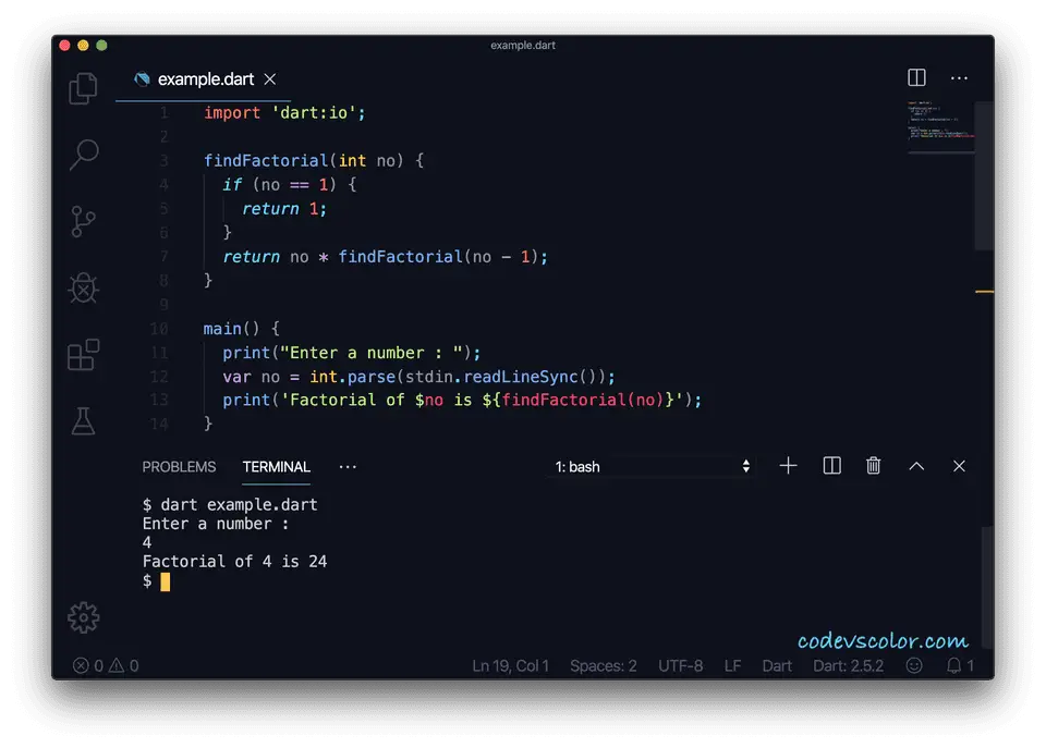 Dart recursive function factorial