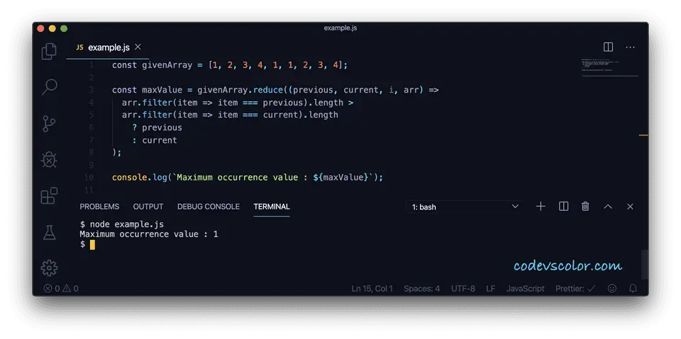 JavaScript find the array element with highest occurrence with filter and reduce methods