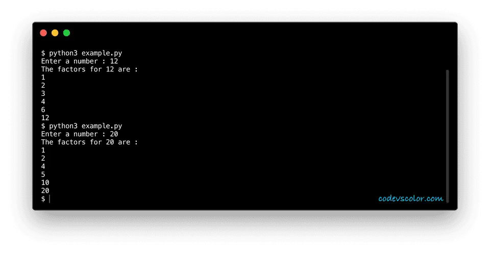 python find factors of a number for loop example