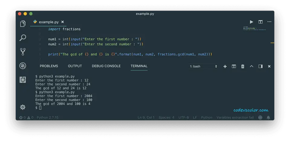 python program to find the gcd of numbers using fractions python program to find the gcd of numbers using fractions