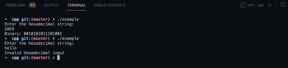 C++ hexadecimal to binary example