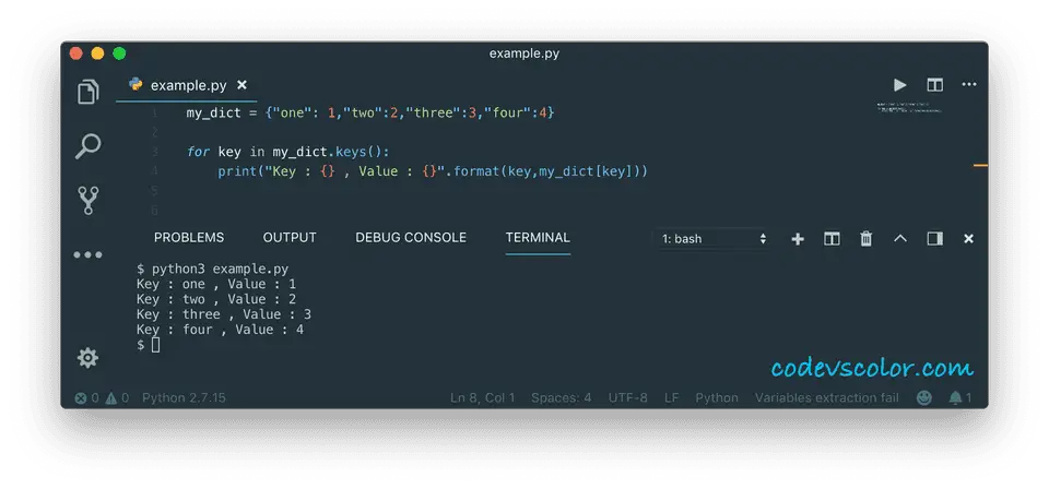 python print dictionary iterating keys