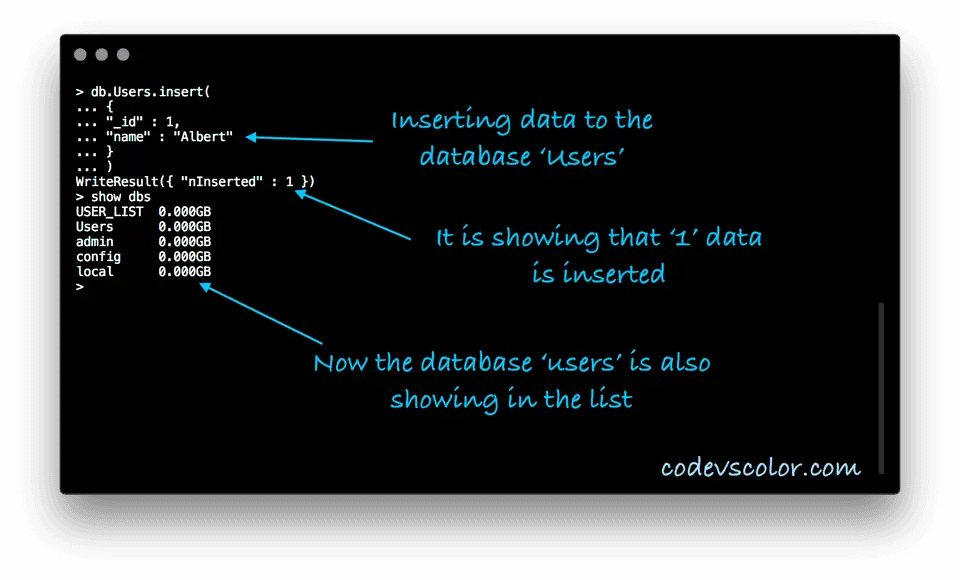 MongoDB database create database