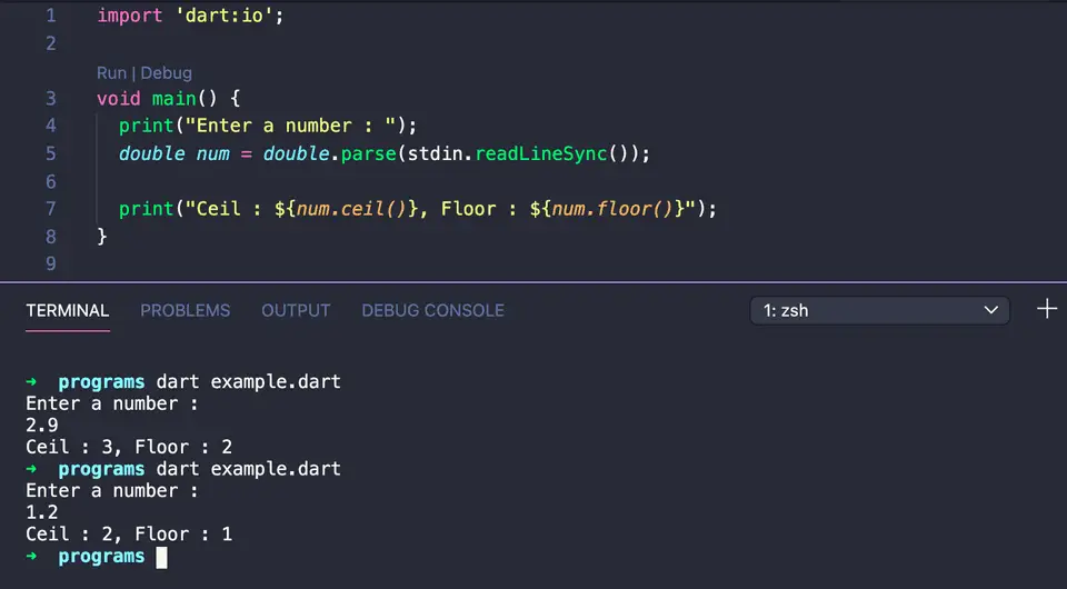 Example of ceil and floor in dart