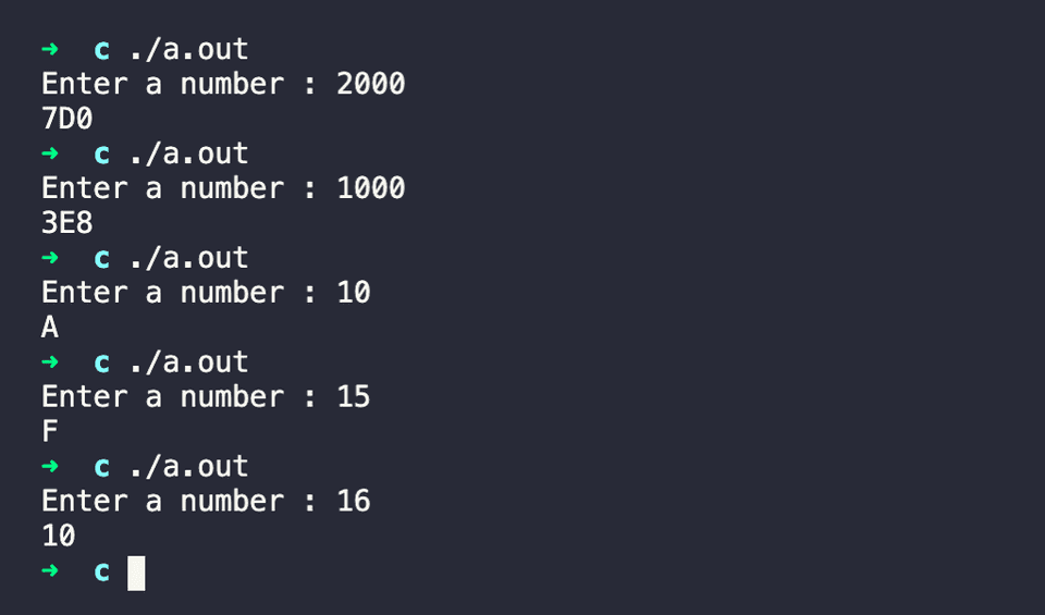 C decimal to hexadecimal conversion