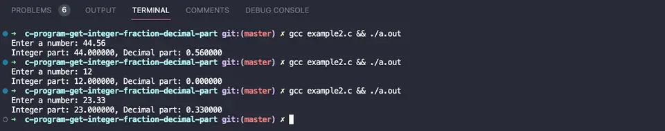 C program to get the integer and fraction or decimal part example