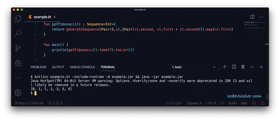 Kotlin print Fibonacci generatesequence