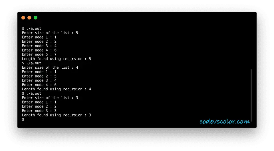 c program find length of list