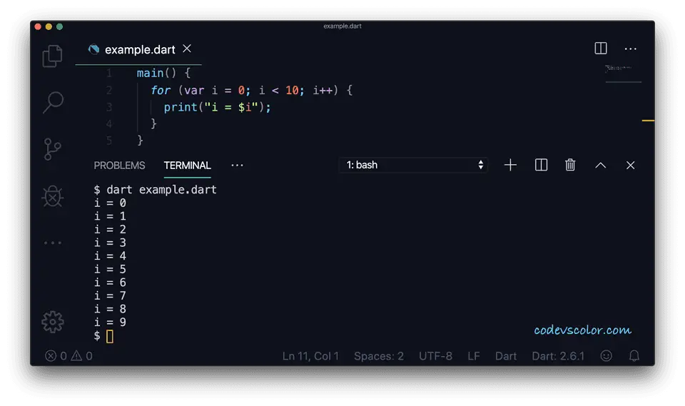 Dart for loop simple example