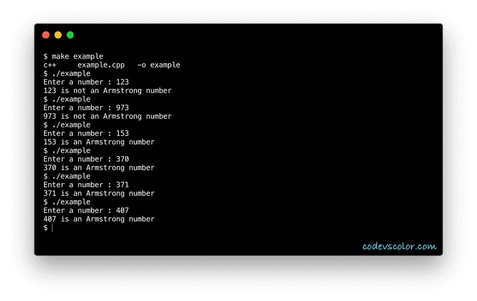 C++ example check armstrong number