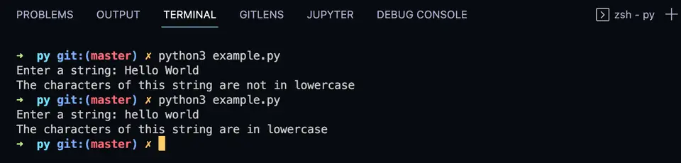 Example of python string islower method