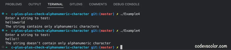 C++ example to check for alphanumeric characters