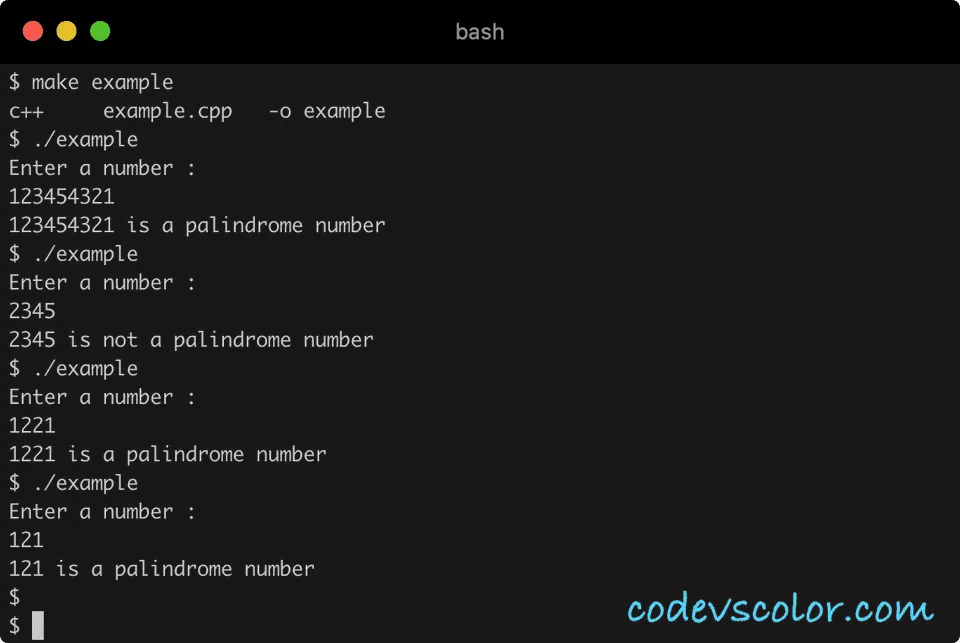 C++ palindrome example