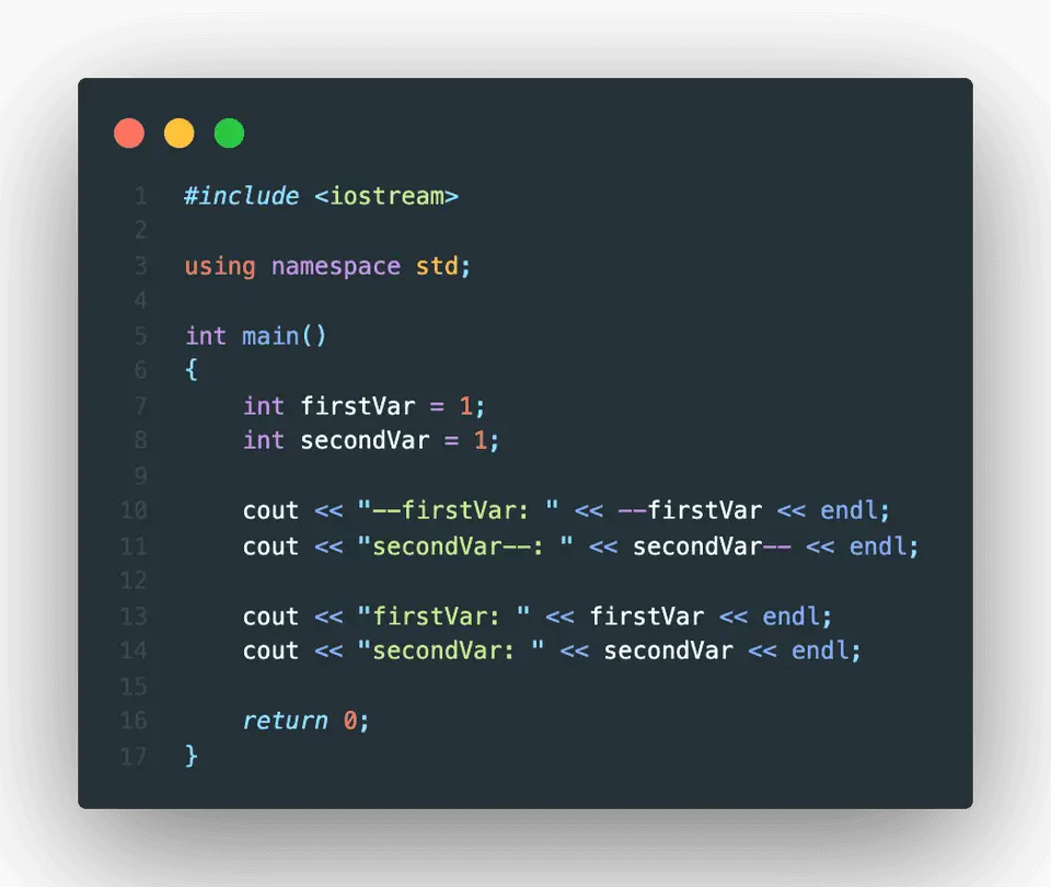 C++ example decrement operator