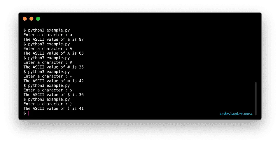 Python example convert character ascii