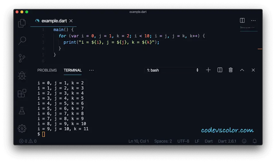 Dart for loop multiple variables