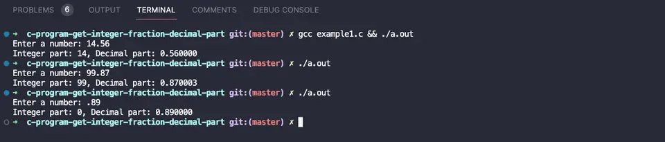 C program to get the integer and fraction or decimal part example