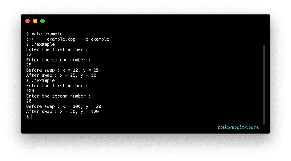 C++ swap two numbers without using third example