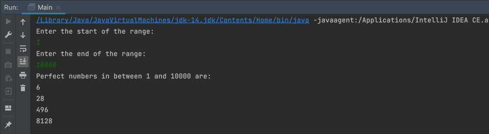 Java example to find perfect numbers in a range