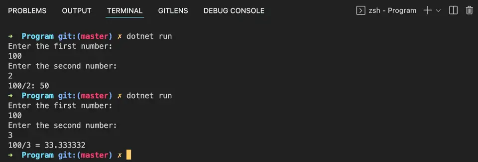 C# example program division of numbers