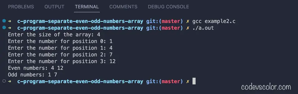 C separate even odd numbers from array