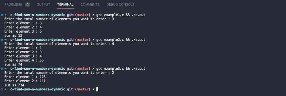 C example to find sum of n numbers with dynamic memory allocation