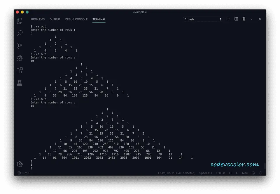 C print pascal triangle