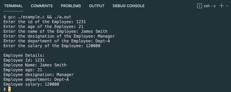 C store and display employee details using structure