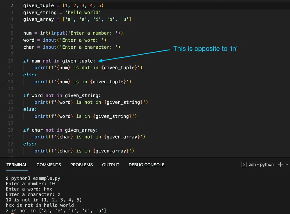 Python not in example