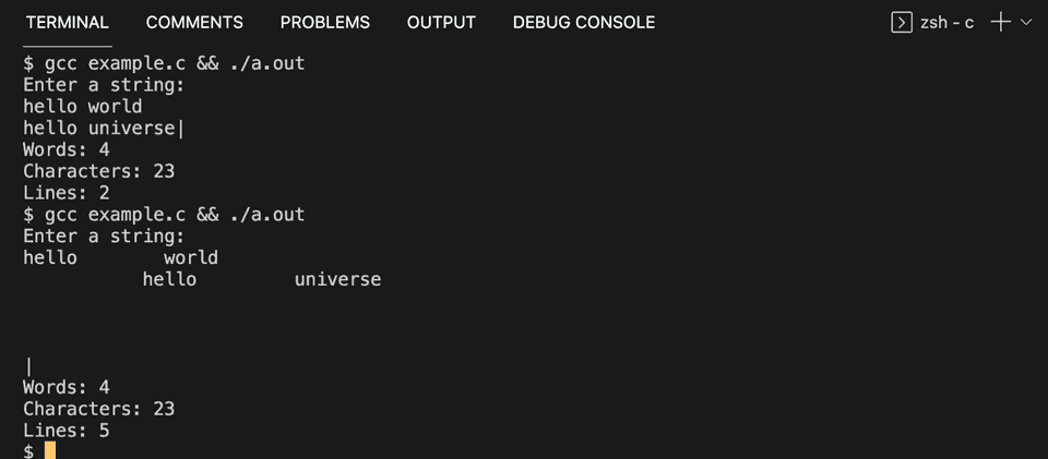 C find total words characters lines in a string