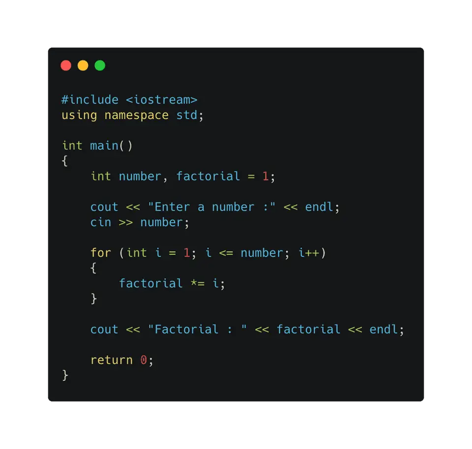 C++ factorial using for loop